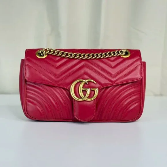 Gucci GG Red Medium Marmont Shoulder Bag Crossbody with Gold Chain Strap - Picture 1 of 8
